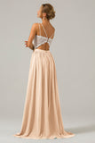 A-Line Spaghetti Straps Pleated Long Bridesmaid Dress With Lace