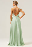 A Line Halter Ruched Satin Open Back Long Bridesmaid Dress with Flower