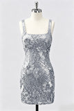 Burgundy Square Neck Bodycon Sequin Homecoming Dress