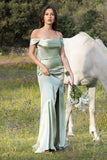 Sheath Convertible Strapless Satin Green Maxi Dress with Slit