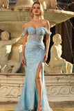 Blue Mermaid Off The Shoulder Sheer Corset Sequins Long Prom Dress with Slit