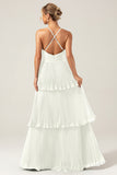 Dusty Rose A-Line Halter Tiered Floor Length Chiffon Long Bridesmaid Dress