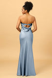 Mermaid Strapless Floor Length Satin Bridesmaid Dress with Open Back