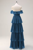 Eucalyptus A-Line Off The Shoulder Tiered Pleated Floor Length Bridesmaid Dress