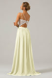 A-Line Spaghetti Straps Pleated Long Bridesmaid Dress With Lace