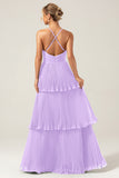 Dusty Rose A-Line Halter Tiered Floor Length Chiffon Long Bridesmaid Dress