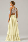 A-Line Halter Pleated Keyhole Chiffon Bridesmaid Dress With Lace