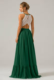 A-Line Halter Pleated Keyhole Chiffon Bridesmaid Dress With Lace