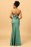 Mermaid Strapless Floor Length Satin Bridesmaid Dress with Open Back