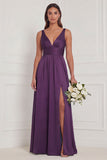 Dusty Blue A Line V Neck Bridesmaid Dress with Slit
