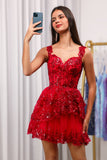 Red A-Line Sparkly Corset Tiered Lace Short Homecoming Dress