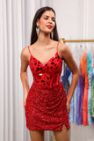 Glitter Spaghetti Straps Red Tight Short Mirror Homecoming Dress