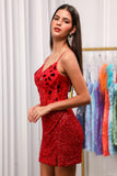 Glitter Spaghetti Straps Mirror Tight Short Red Homecoming Dress With Slit