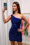 Bling Sheath One Shoulder Royal Blue Sequins Short Homecoming Dress with Keyhole