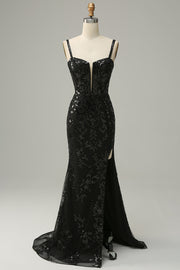 Black Mermaid Spaghetti Straps Sequins Long Prom Dress with Split Front