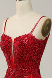 Red Mermaid Spaghetti Straps Sequins Long Prom Dress with Split Front