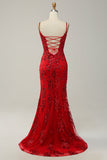 Red Mermaid Spaghetti Straps Sequins Long Prom Dress with Split Front