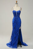 Royal Blue Mermaid Sparkly Sequins Long Prom Dress with Split Front