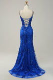 Royal Blue Mermaid Sparkly Sequins Long Prom Dress with Split Front