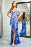 Light Blue Mermaid Spaghetti Straps Long Prom Dress with Appliques Beading