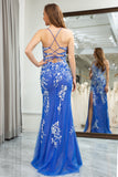 Light Blue Mermaid Spaghetti Straps Long Prom Dress with Appliques Beading