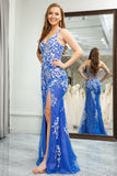 Light Blue Mermaid Spaghetti Straps Long Prom Dress with Appliques Beading