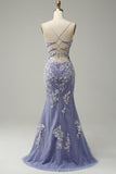 Light Blue Mermaid Spaghetti Straps Long Prom Dress with Appliques Beading