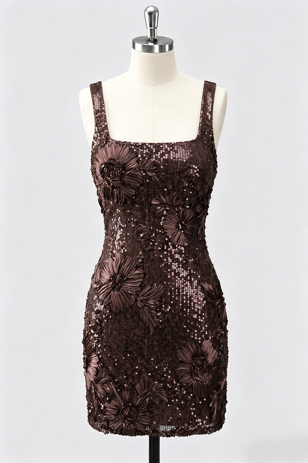 WEDTREND Women Burgundy Sequin Homecoming Dress Sparkly Square Neck Bodycon Cocktail Dress with Lace Up Back, Coffee / US24W