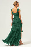 Dark Navy A-Line Square Neck Tiered Long Bridesmaid Dress