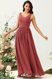 Desert Rose A Line V Neck Long Chiffon Bridesmaid Dress with Ruffles