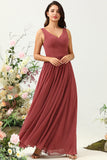 Desert Rose A Line V Neck Long Chiffon Bridesmaid Dress with Ruffles