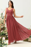 Desert Rose A Line V Neck Long Chiffon Bridesmaid Dress with Ruffles