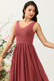 Desert Rose A Line V Neck Long Chiffon Bridesmaid Dress with Ruffles