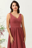 Desert Rose A Line V Neck Long Chiffon Bridesmaid Dress with Ruffles