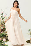 Light Pink A Line One Shoulder Chiffon Bridesmaid Dress with Ruffles