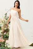 Light Pink A Line One Shoulder Chiffon Bridesmaid Dress with Ruffles