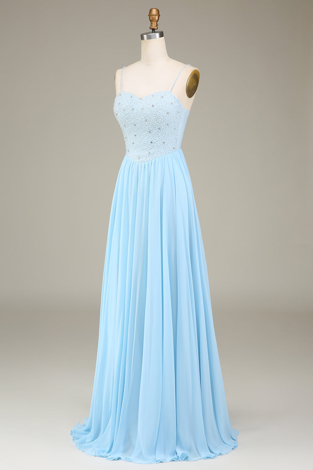 Sky Blue A-Line Chiffon Long Bridesmaid Dress With Beading