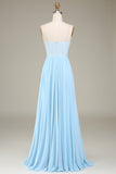 Sky Blue A-Line Chiffon Long Bridesmaid Dress With Beading