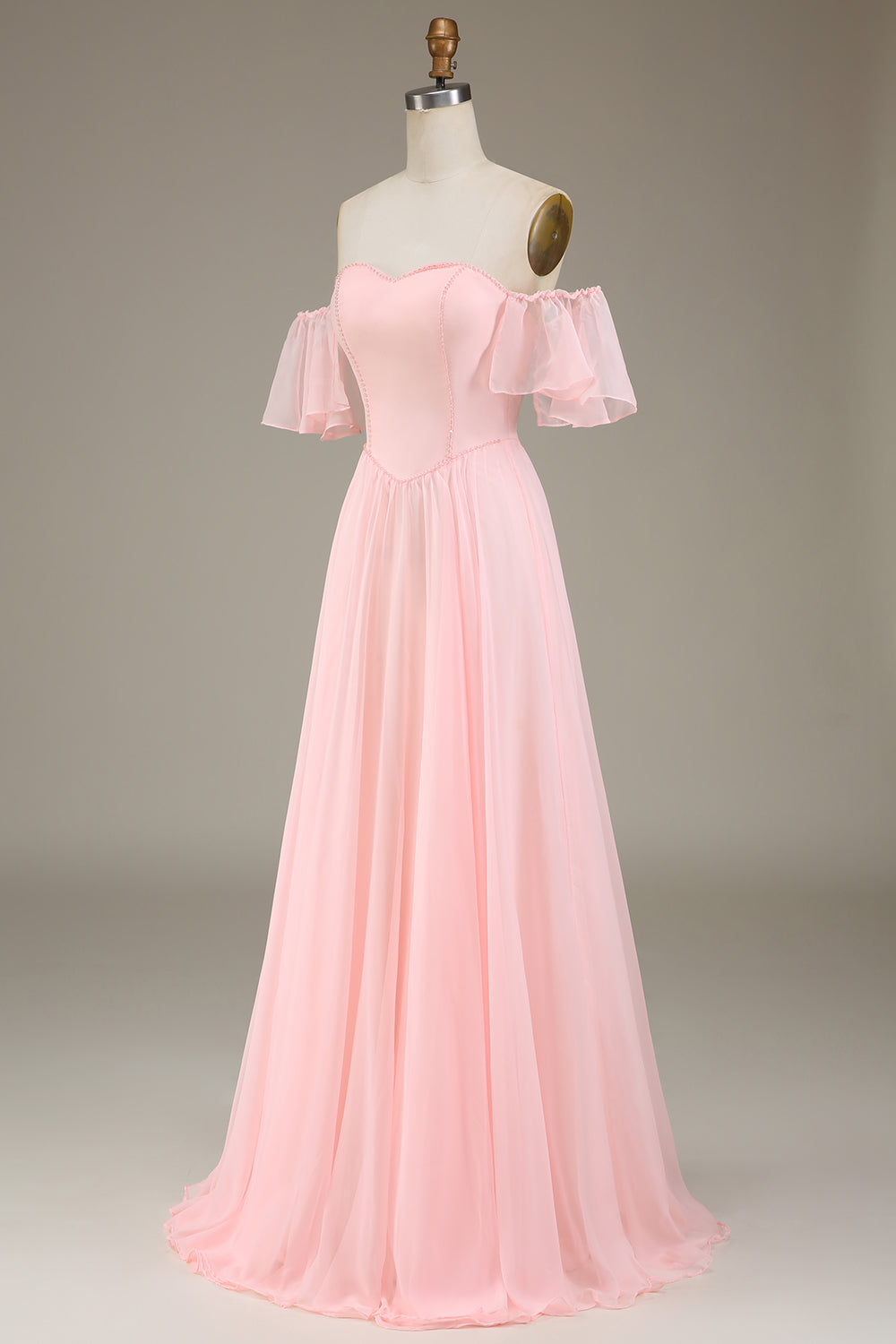 Blush Pink A-Line Off the Shoulder Long Bridesmaid Dress