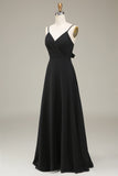 Black A-Line Spaghetti Straps Chiffon Long Bridesmaid Dress