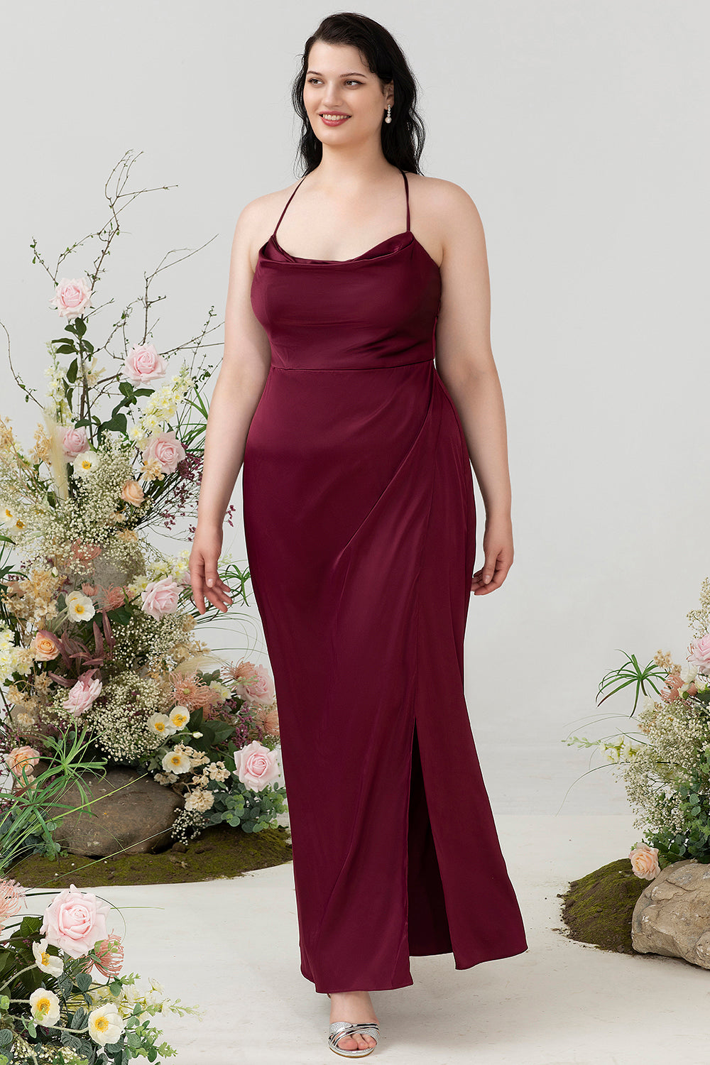 Wedtrend Women Plus Size Bridesmaif Dress Burgundy A Line Halter Satin Wedding Party Formal Dress with Slit, Burgundy / US24W Wedtrend Women Plus Size Bridesmaif Dress Burgundy A Line Halter Satin Wedding Party Formal Dress with Slit, Burgundy / US24W