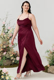 Burgundy A Line Halter Satin Plus Size Bridesmaid Dress with Slit