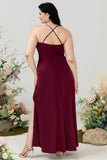 Burgundy A Line Halter Satin Plus Size Bridesmaid Dress with Slit