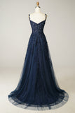 Navy A Line Spaghetti Straps Corset Tulle Long Prom Dress with Appliques