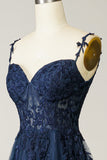 Navy A Line Spaghetti Straps Corset Prom Dress with Appliques