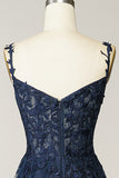 Navy A Line Spaghetti Straps Corset Prom Dress with Appliques