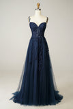 Navy A Line Spaghetti Straps Corset Tulle Long Prom Dress with Appliques