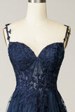 Navy A Line Spaghetti Straps Corset Prom Dress with Appliques