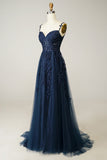 Navy A Line Spaghetti Straps Corset Prom Dress with Appliques