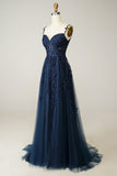 Navy A Line Spaghetti Straps Corset Tulle Long Prom Dress with Appliques